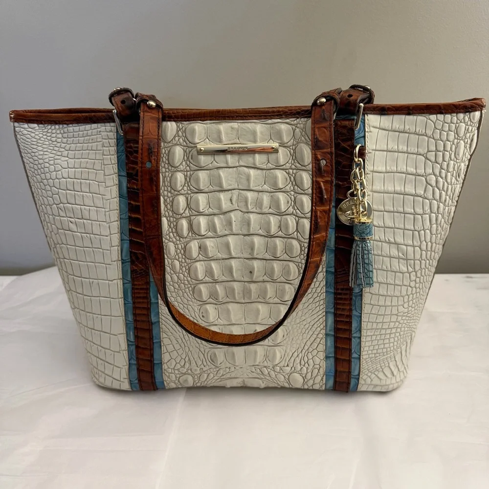 BRAHMIN HANDBAG, Medium Asher - Coconut Soraya Leather Tote Handbag, VERY GOOD.